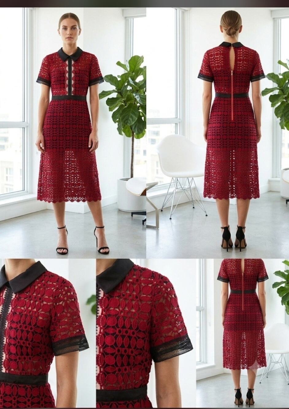 Women's Red/Black Floral Lace Collared A-Line Midi Dress Lined Zip, UK 10